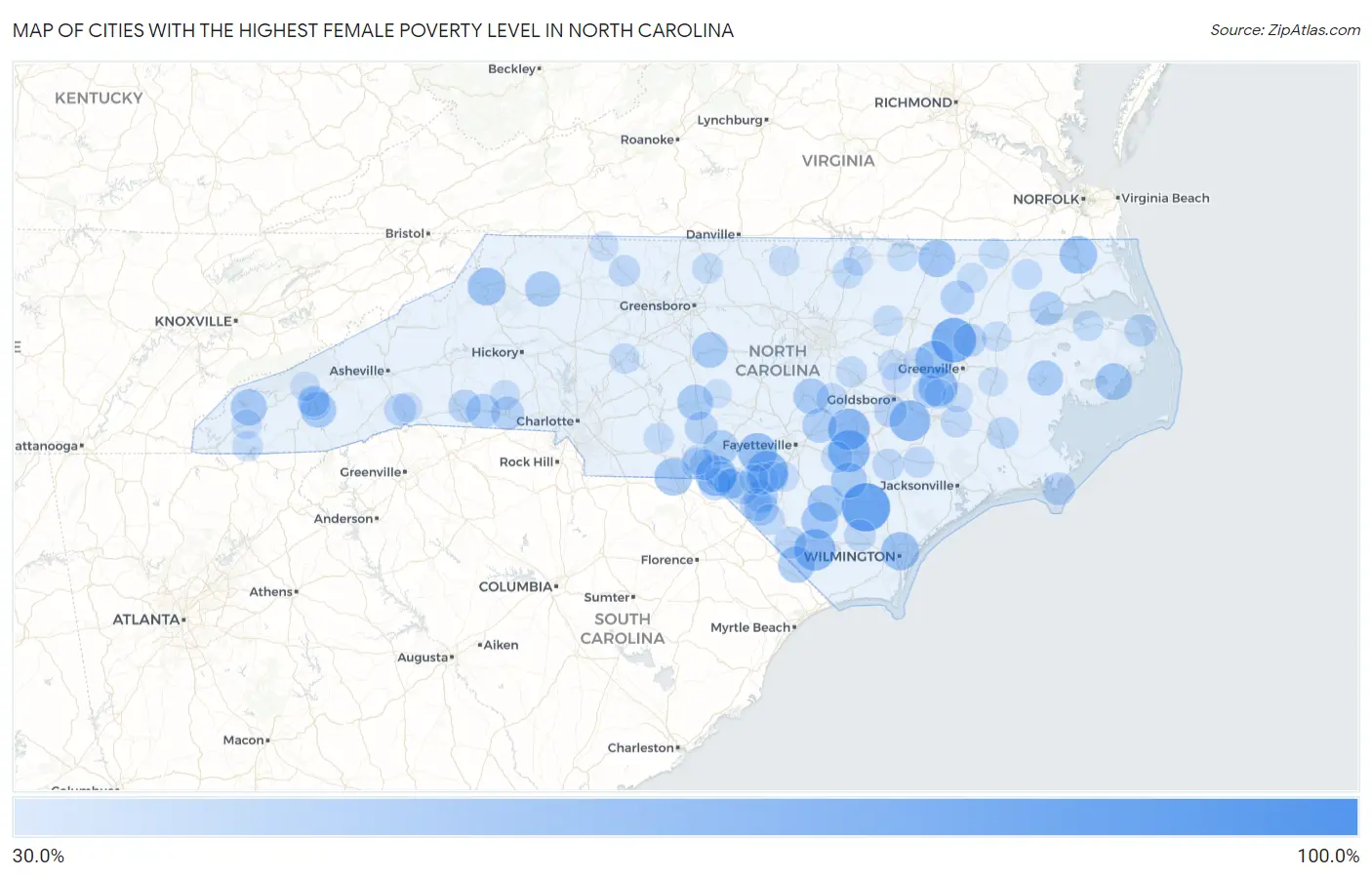 Cities with the Highest Female Poverty Level in North Carolina Map