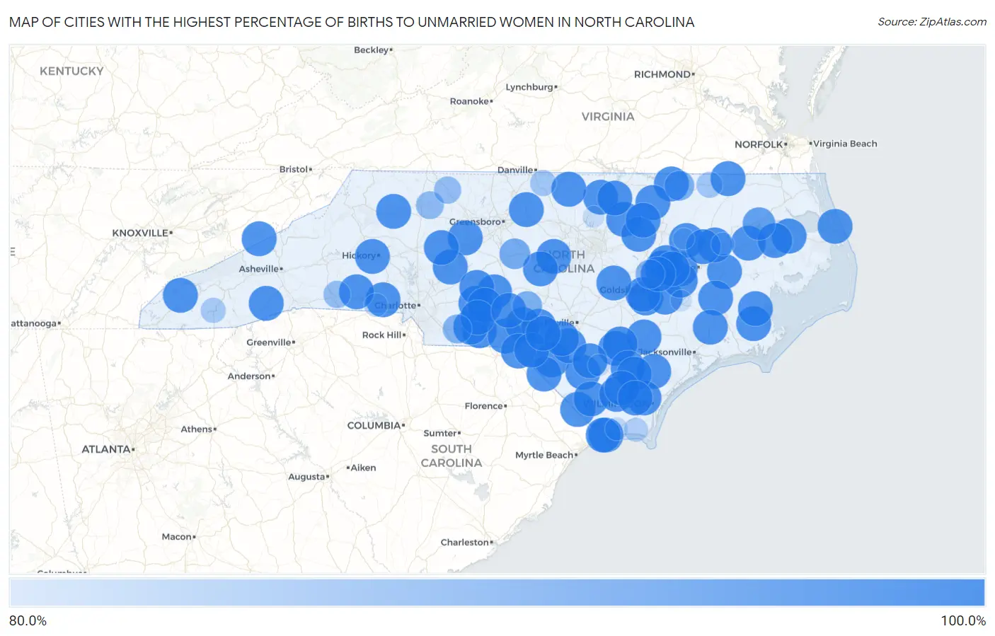 Cities with the Highest Percentage of Births to Unmarried Women in North Carolina Map