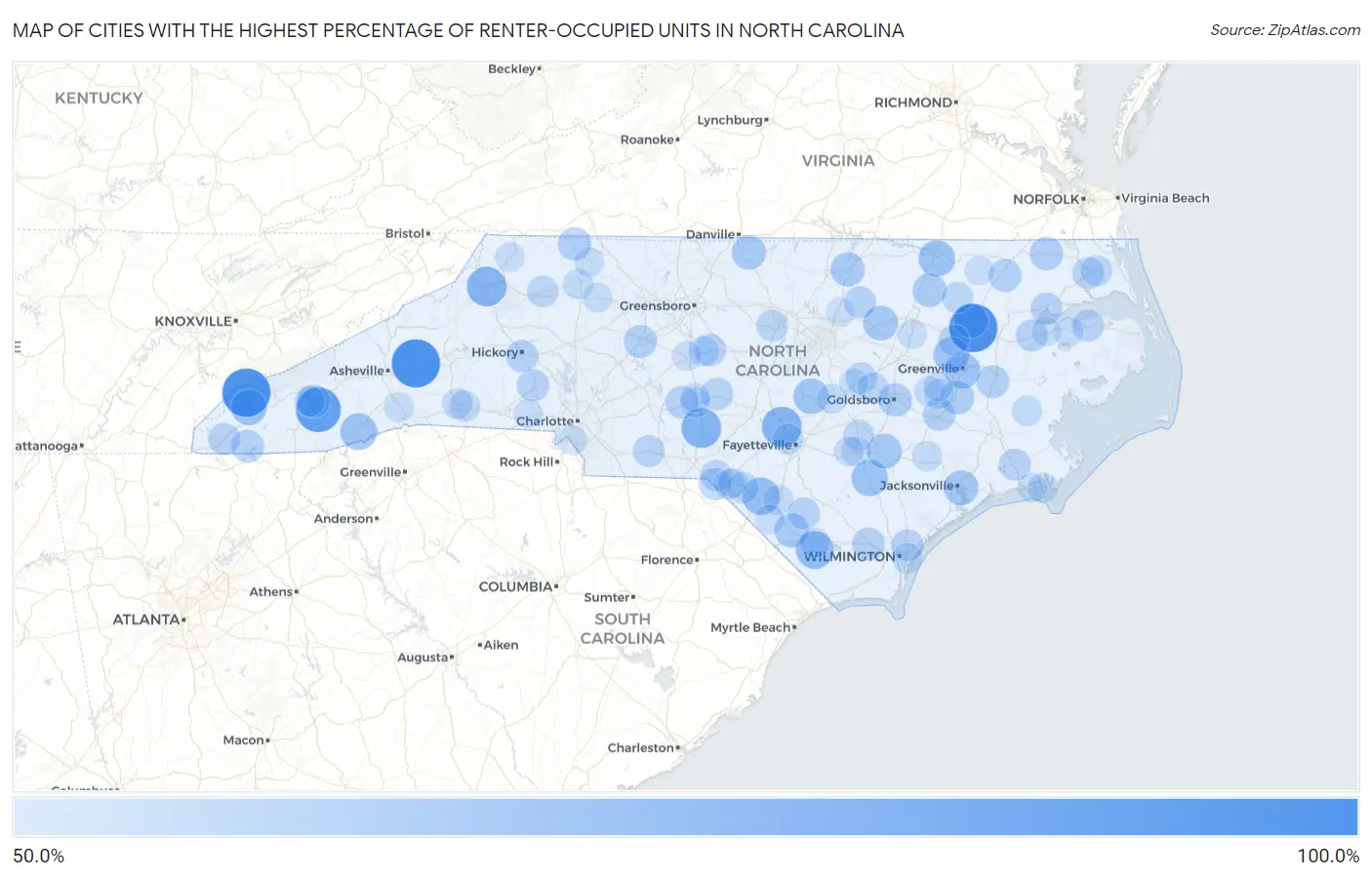 Cities with the Highest Percentage of Renter-Occupied Units in North Carolina Map
