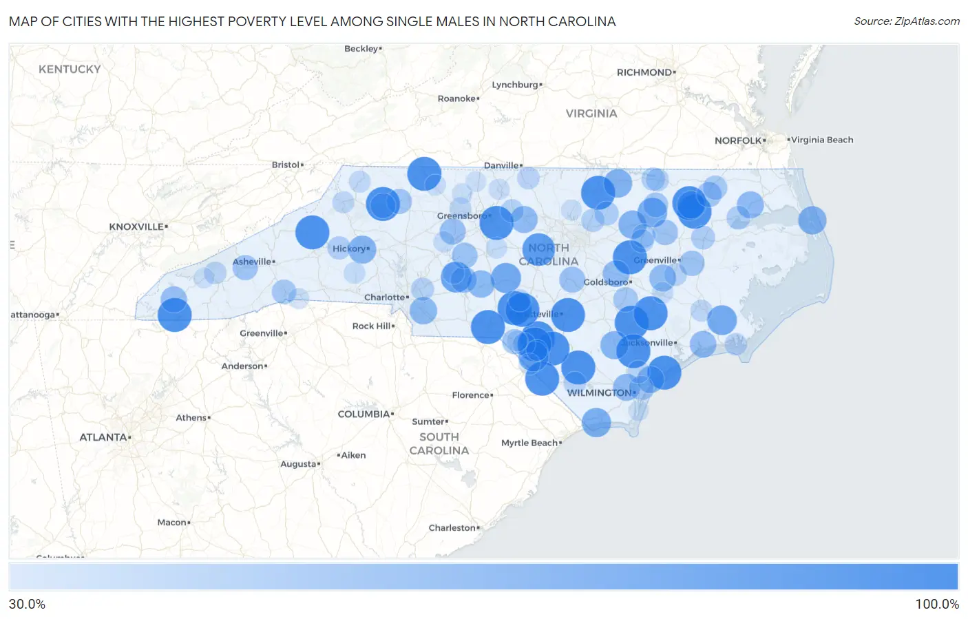 Cities with the Highest Poverty Level Among Single Males in North Carolina Map