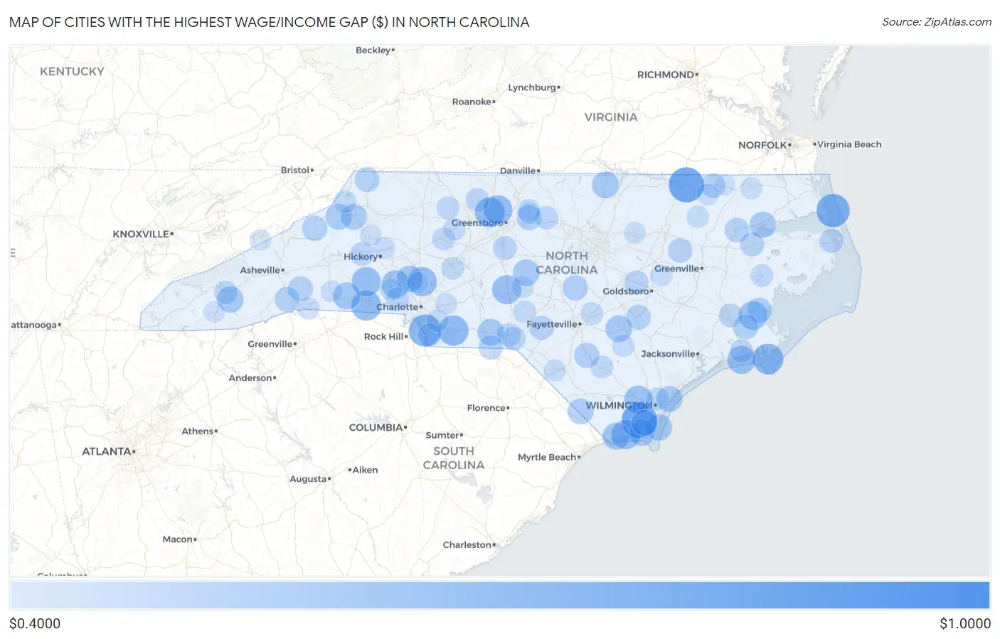 Cities with the Highest Wage/Income Gap ($) in North Carolina Map