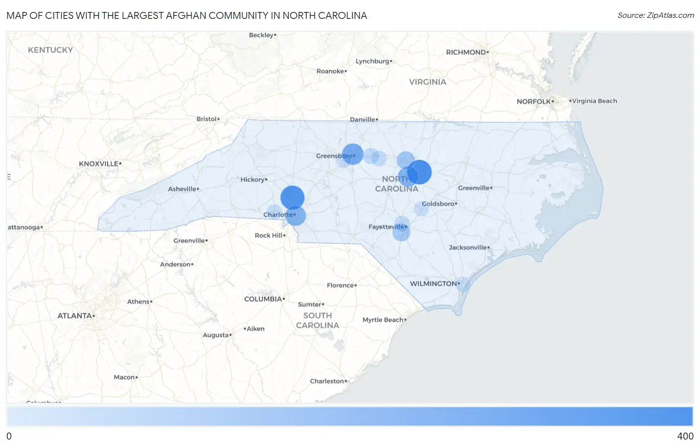 Cities with the Largest Afghan Community in North Carolina Map