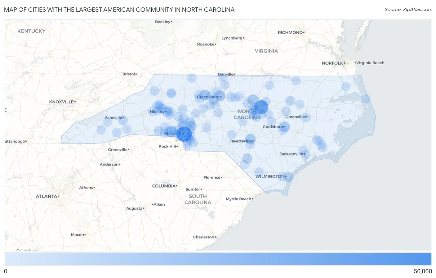Cities with the Largest American Community in North Carolina Map