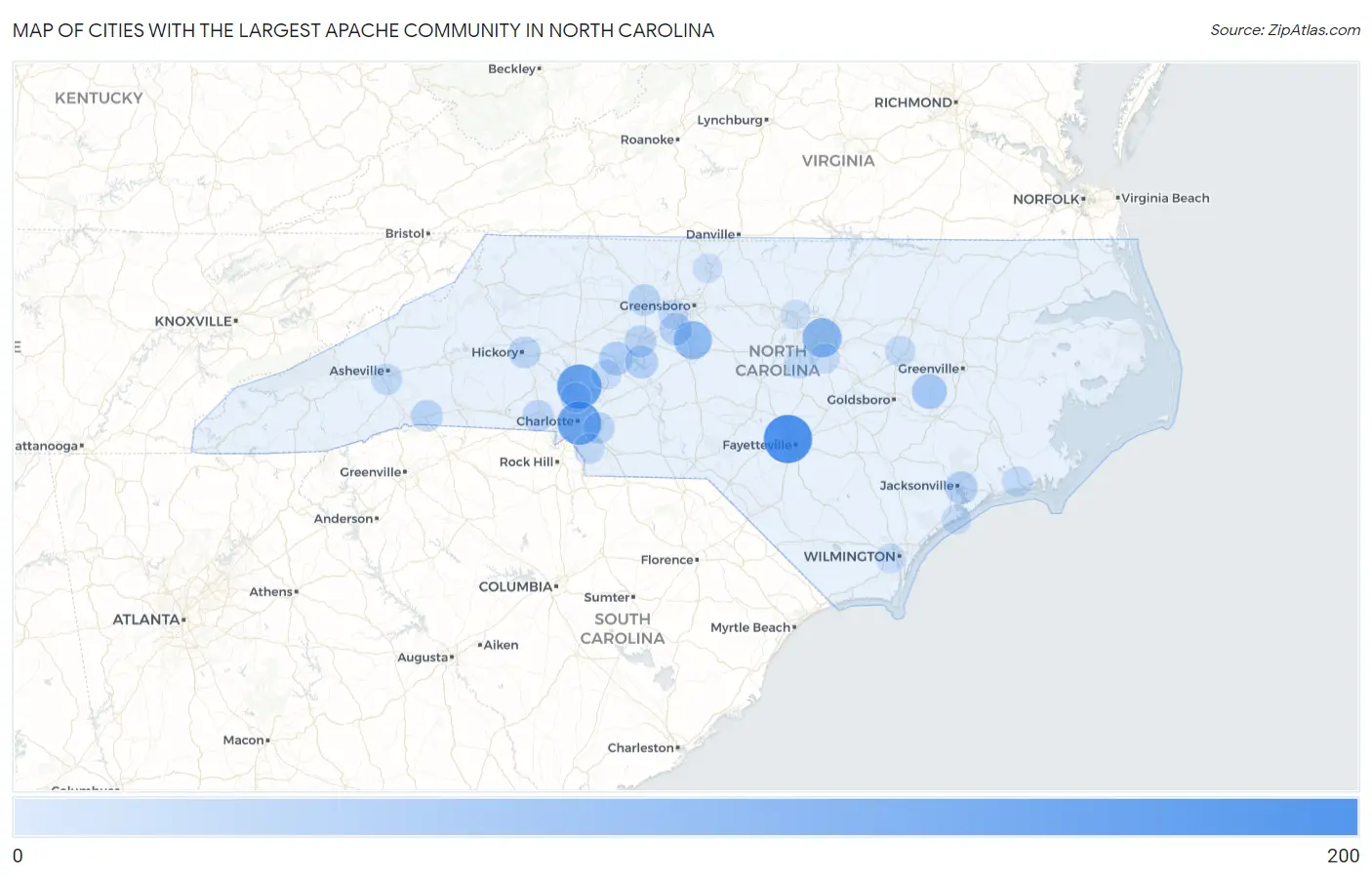 Cities with the Largest Apache Community in North Carolina Map