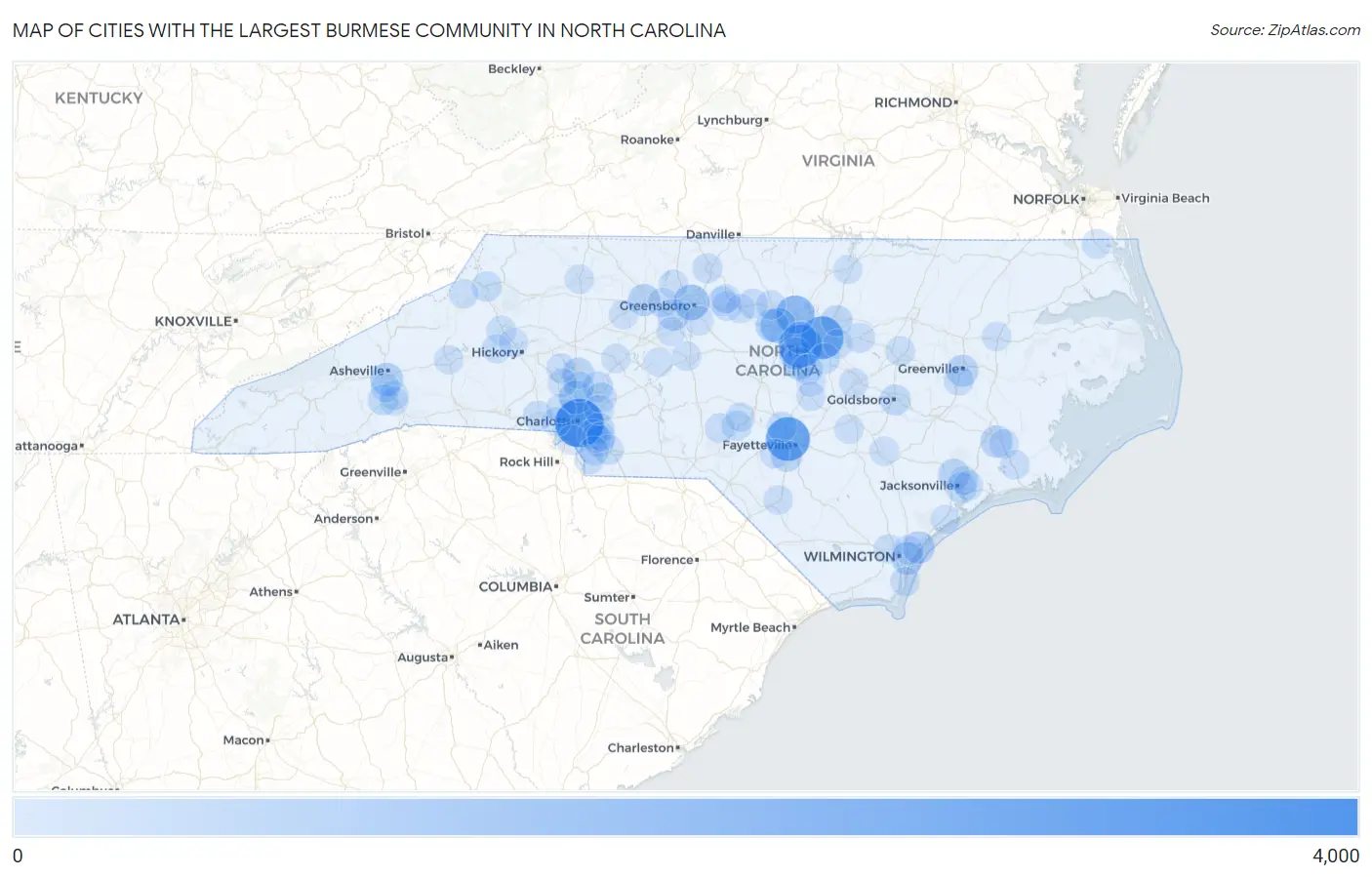 Cities with the Largest Burmese Community in North Carolina Map