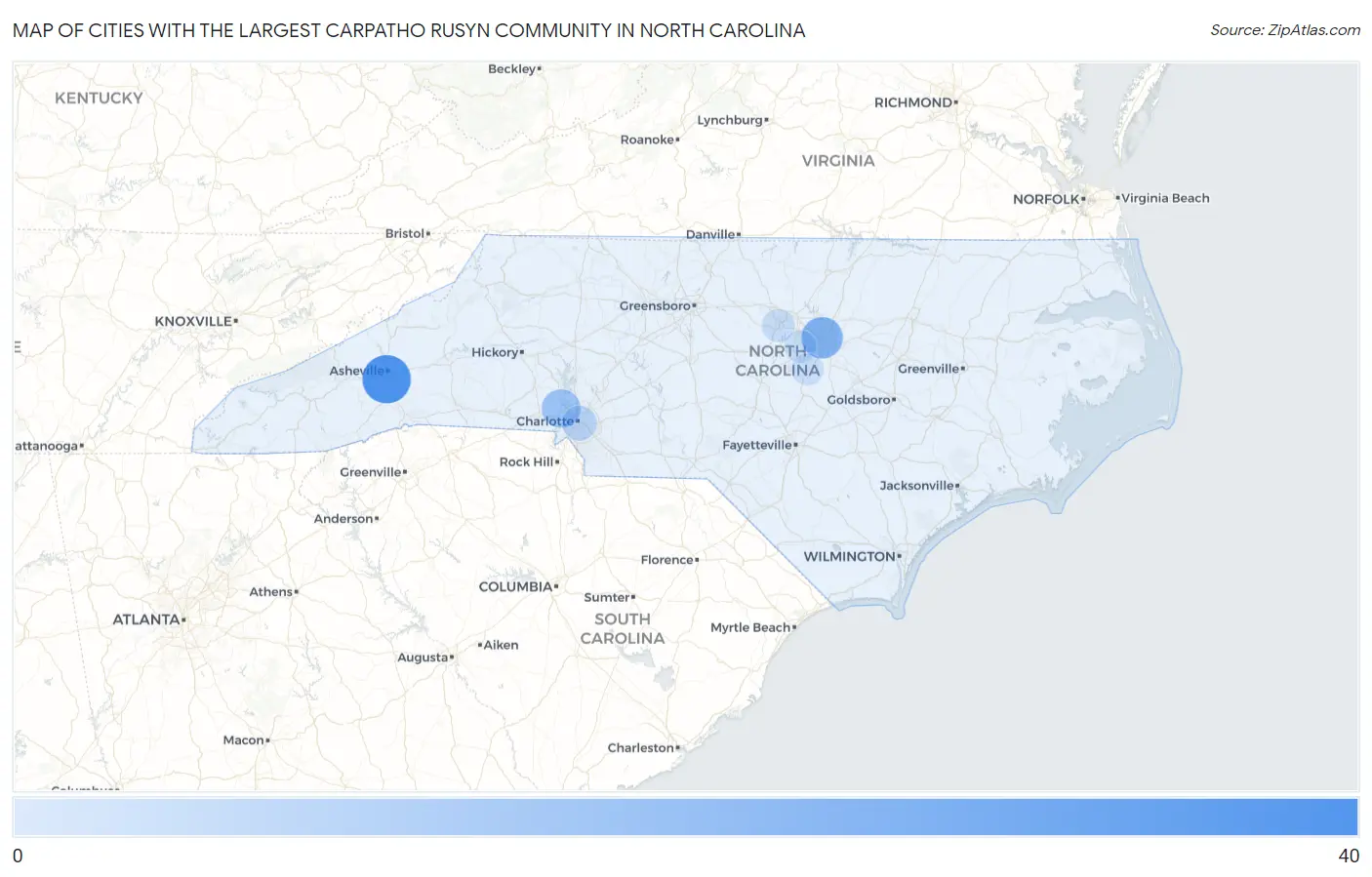 Cities with the Largest Carpatho Rusyn Community in North Carolina Map
