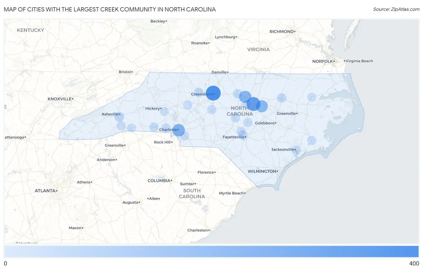 Cities with the Largest Creek Community in North Carolina Map