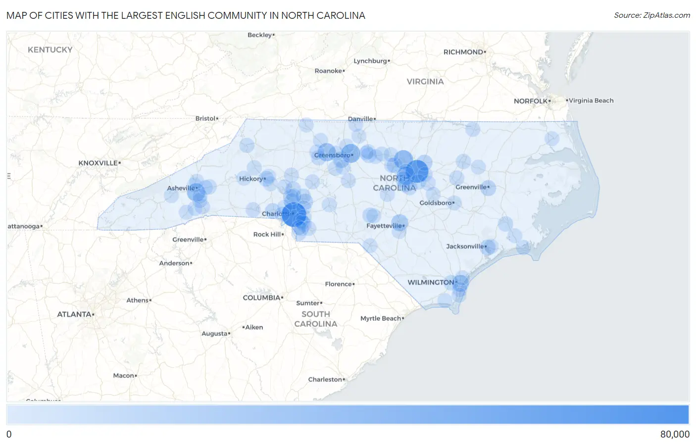Cities with the Largest English Community in North Carolina Map