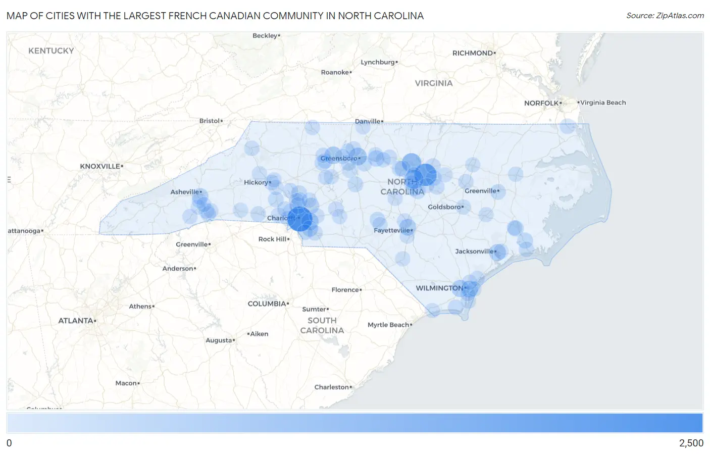 Cities with the Largest French Canadian Community in North Carolina Map
