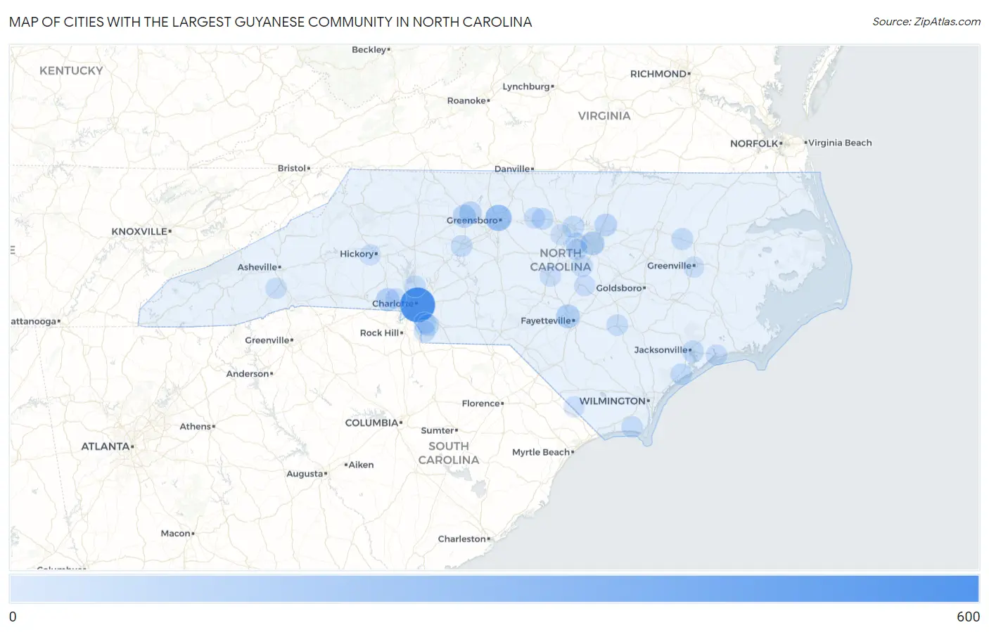 Cities with the Largest Guyanese Community in North Carolina Map