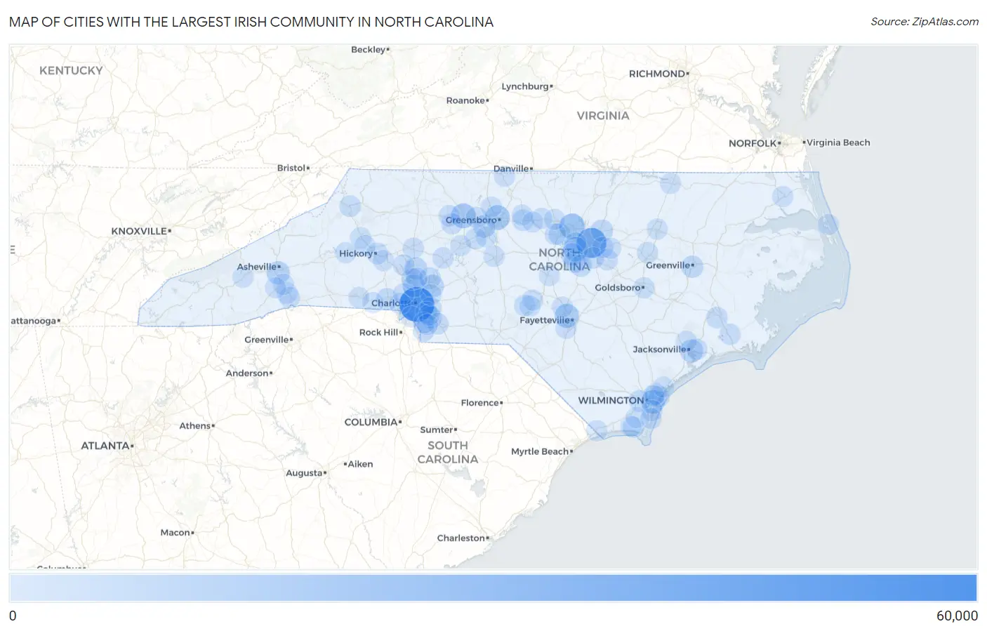 Cities with the Largest Irish Community in North Carolina Map