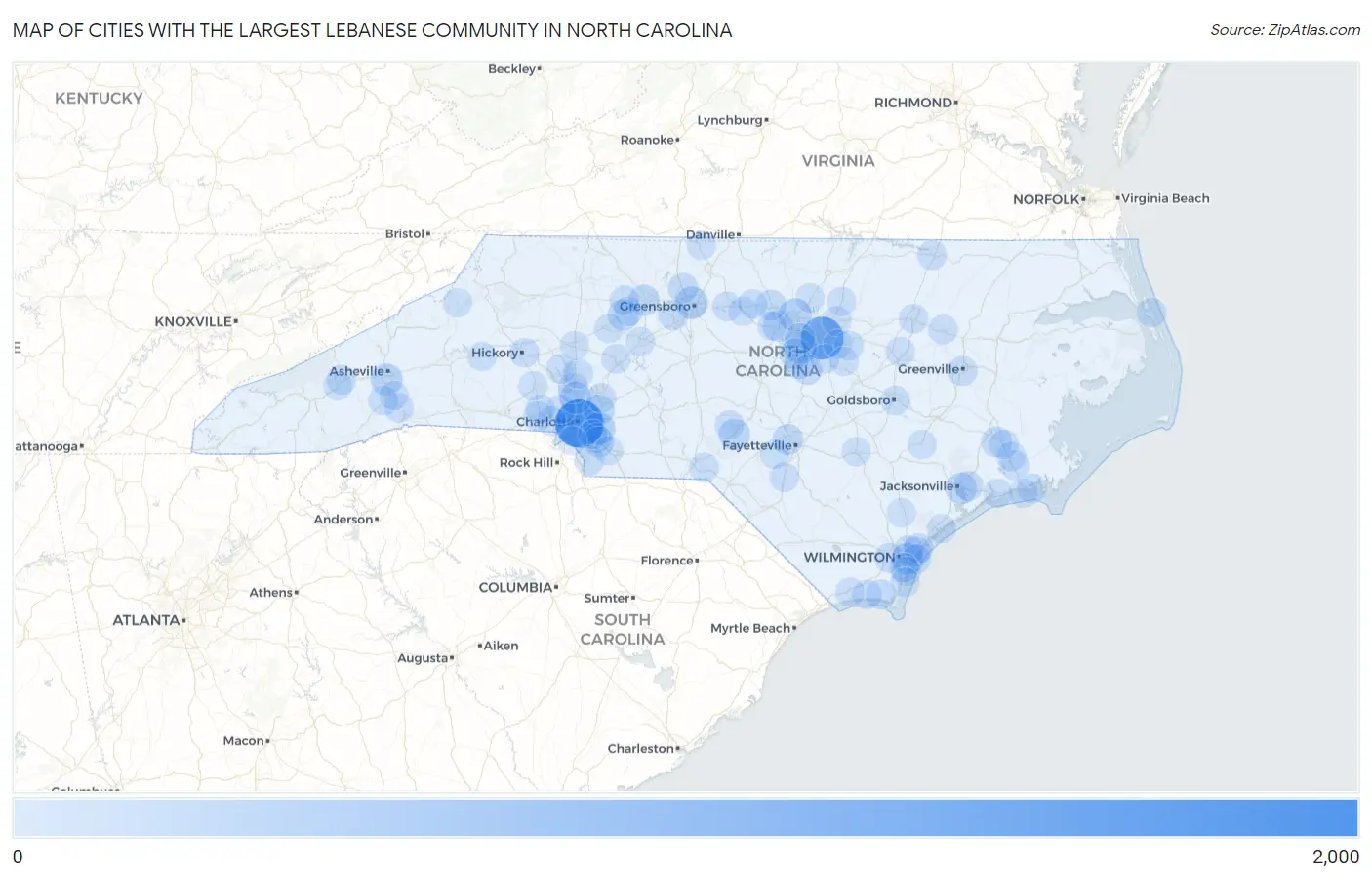 Cities with the Largest Lebanese Community in North Carolina Map