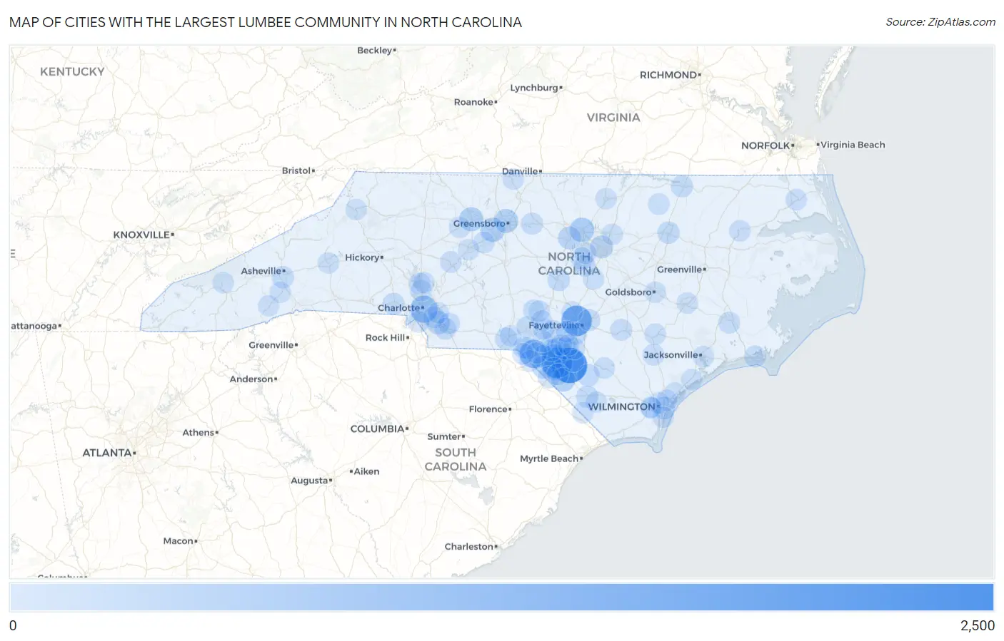Cities with the Largest Lumbee Community in North Carolina Map