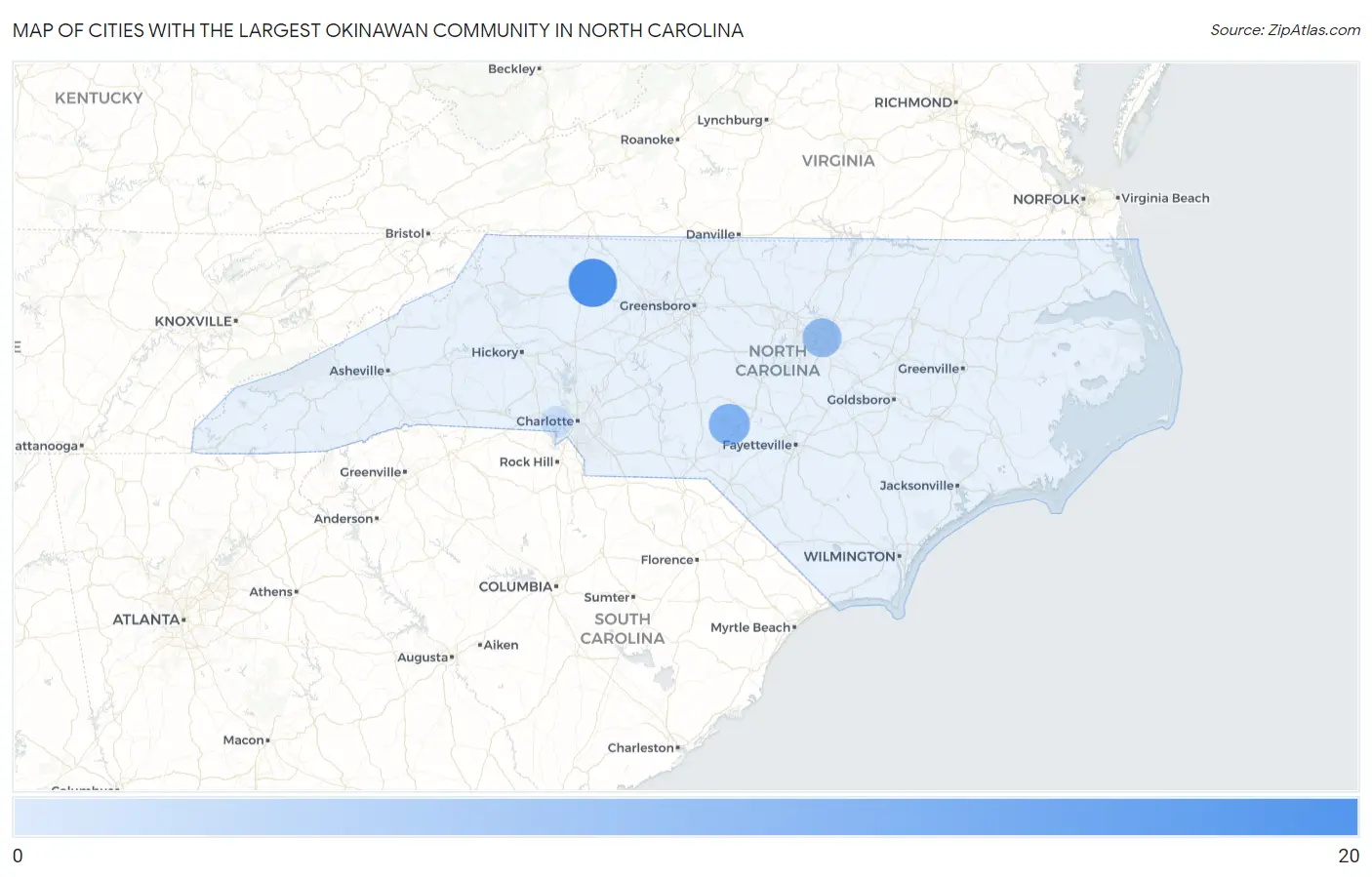 Cities with the Largest Okinawan Community in North Carolina Map