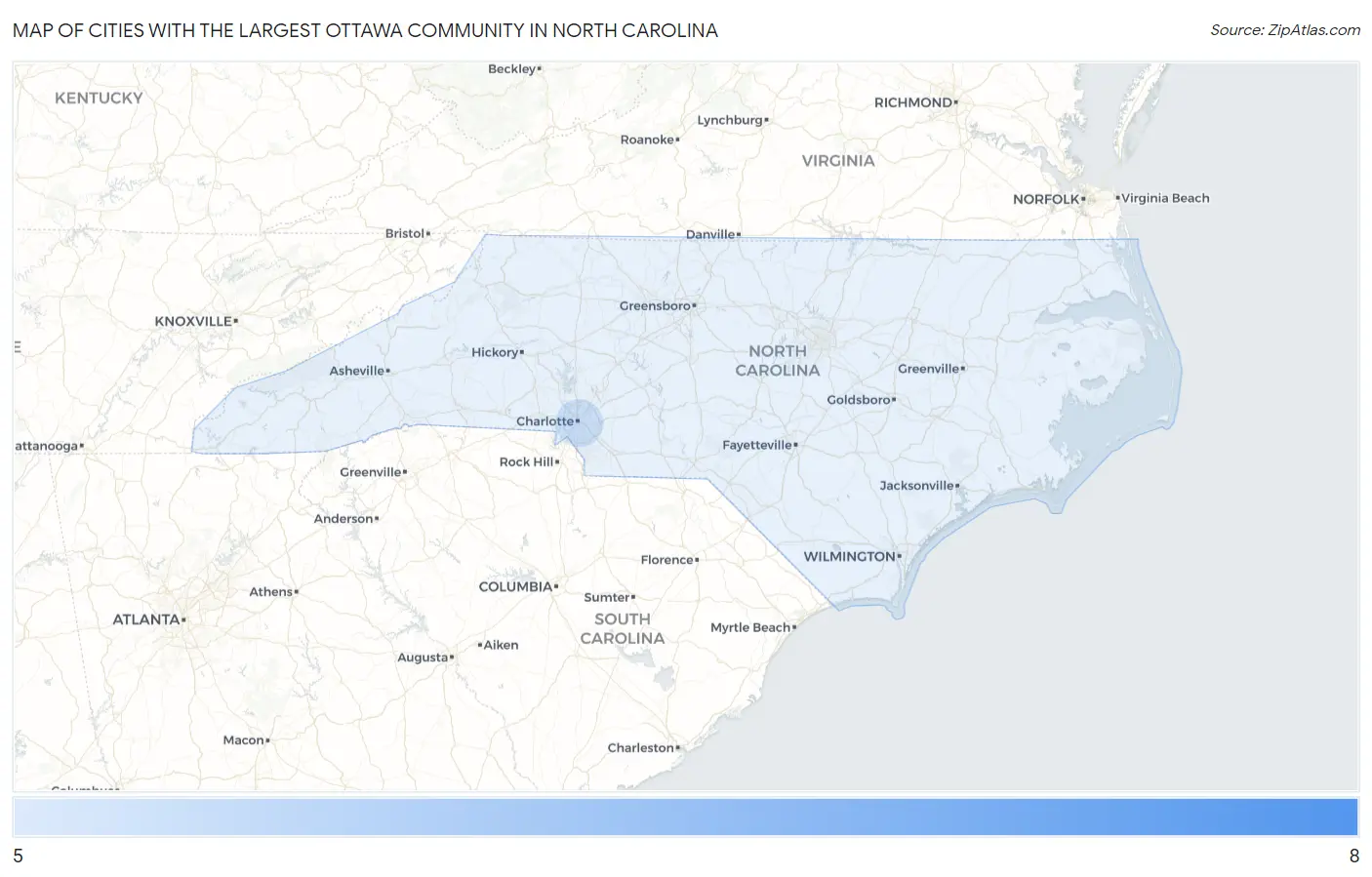 Cities with the Largest Ottawa Community in North Carolina Map