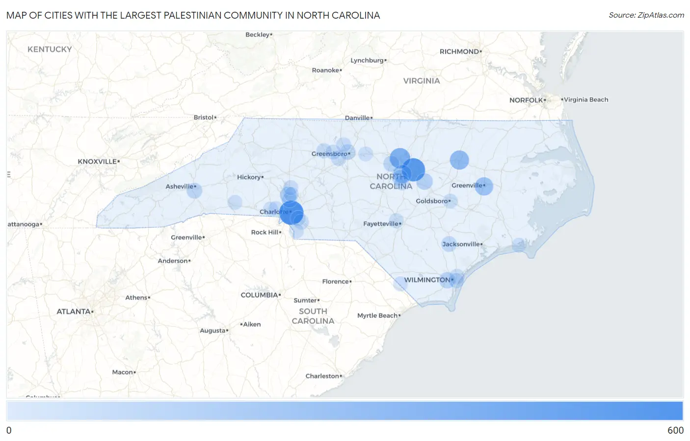 Cities with the Largest Palestinian Community in North Carolina Map