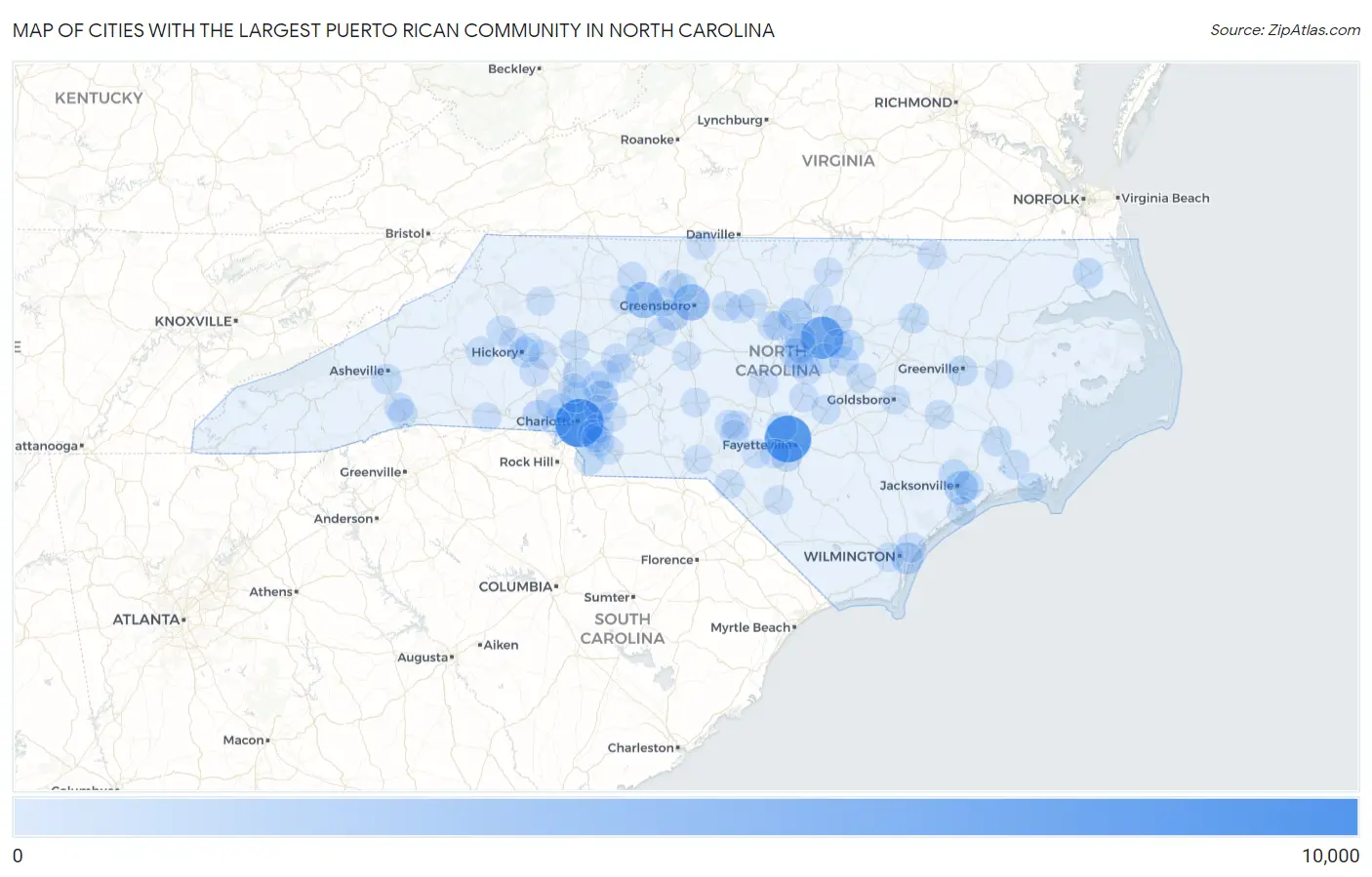 Cities with the Largest Puerto Rican Community in North Carolina Map