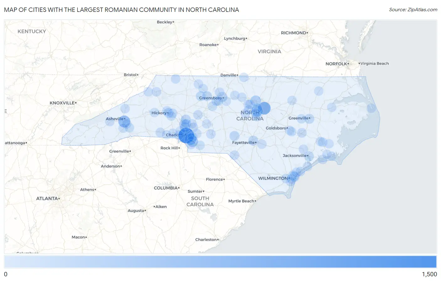Cities with the Largest Romanian Community in North Carolina Map