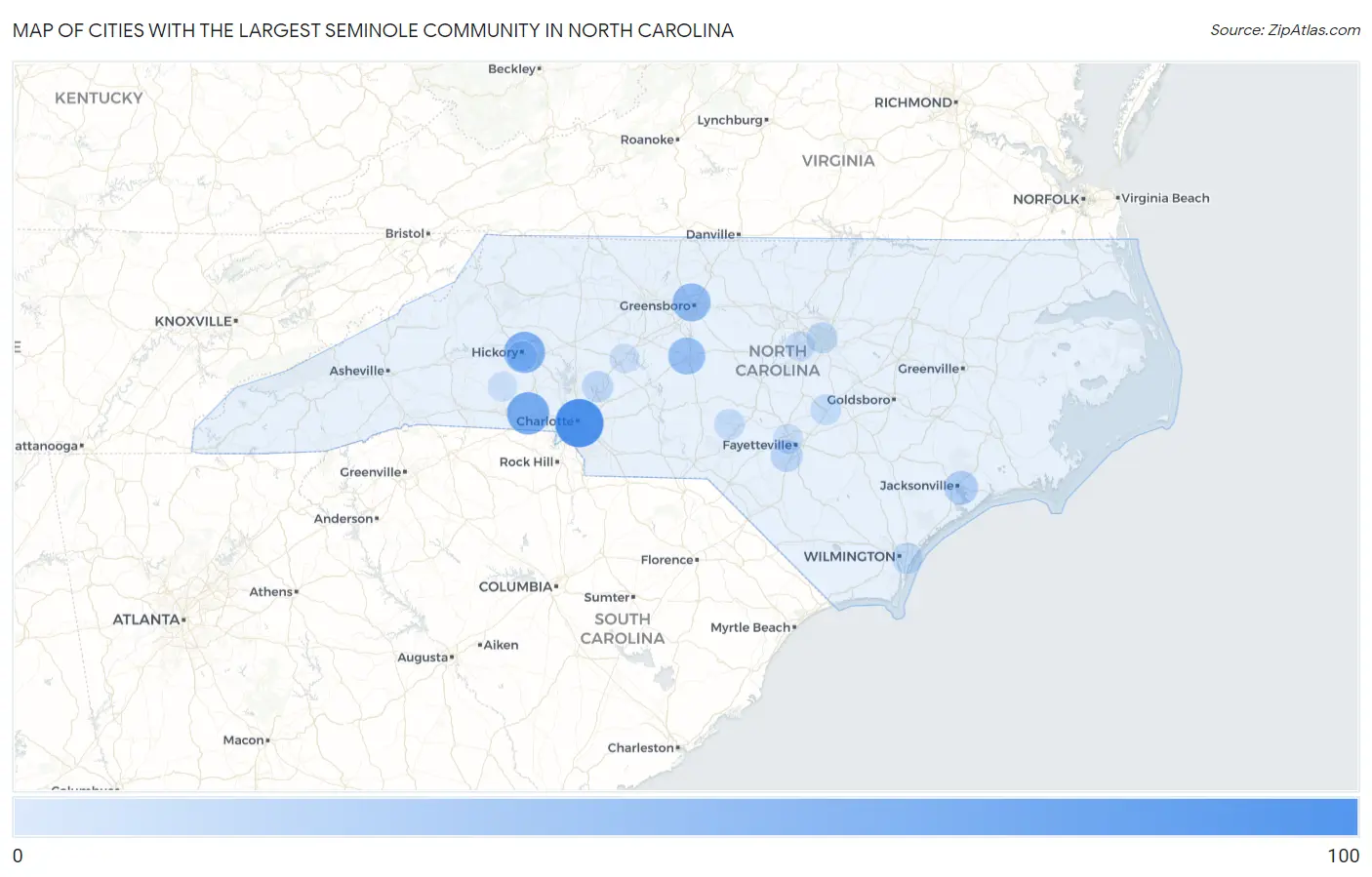 Cities with the Largest Seminole Community in North Carolina Map