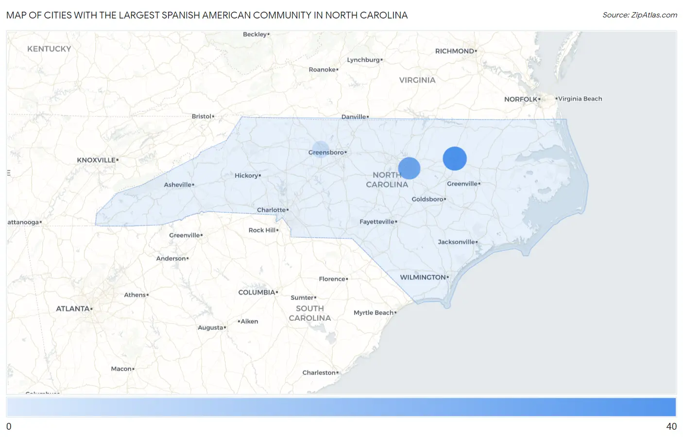 Cities with the Largest Spanish American Community in North Carolina Map