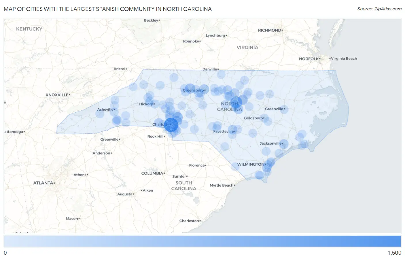 Cities with the Largest Spanish Community in North Carolina Map