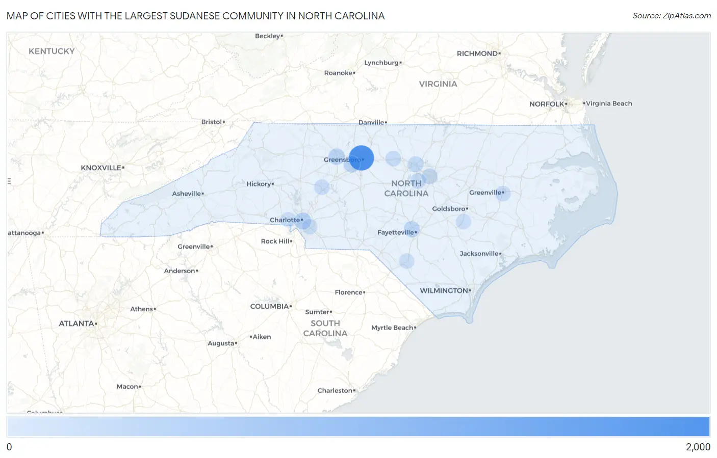 Cities with the Largest Sudanese Community in North Carolina Map