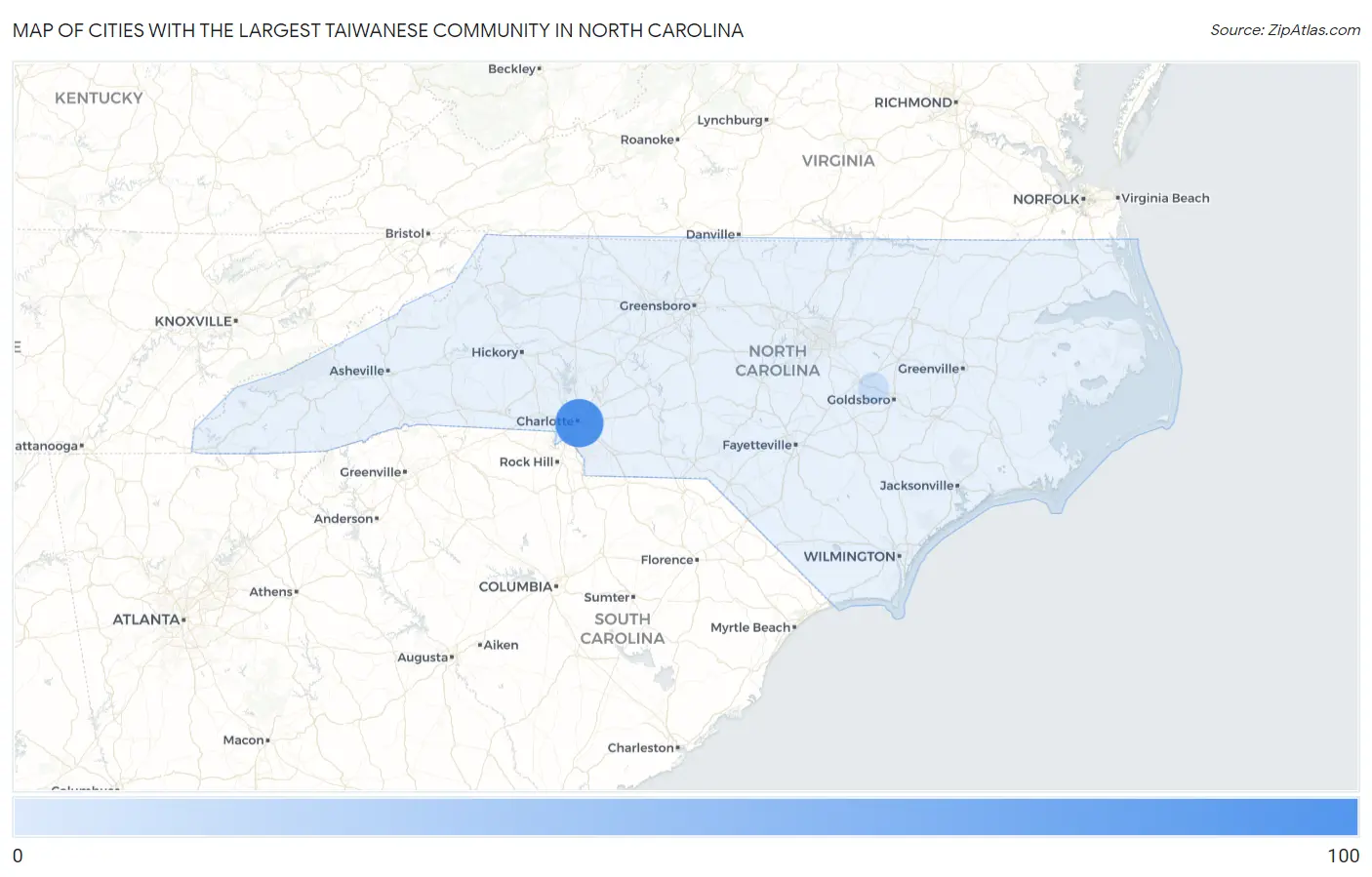 Cities with the Largest Taiwanese Community in North Carolina Map