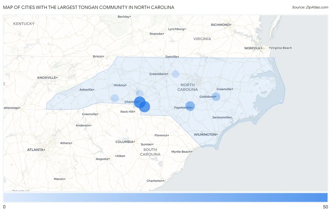 Cities with the Largest Tongan Community in North Carolina Map
