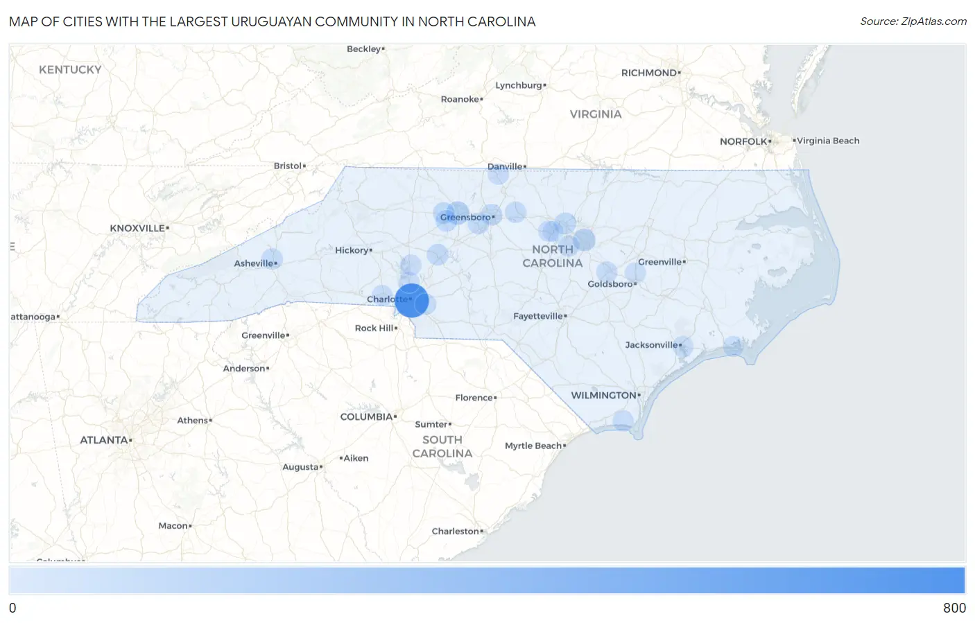 Cities with the Largest Uruguayan Community in North Carolina Map