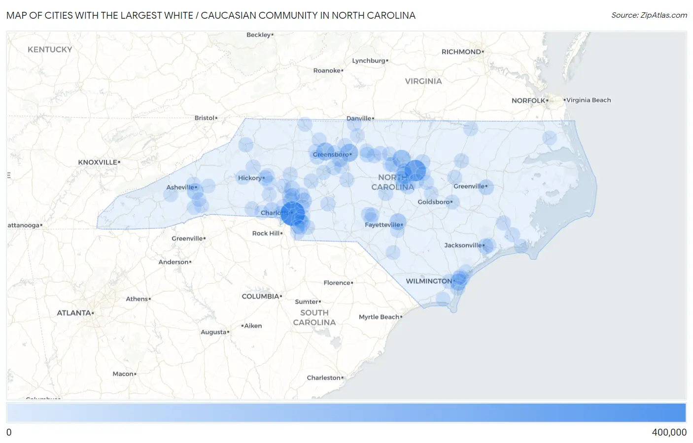 Cities with the Largest White / Caucasian Community in North Carolina Map