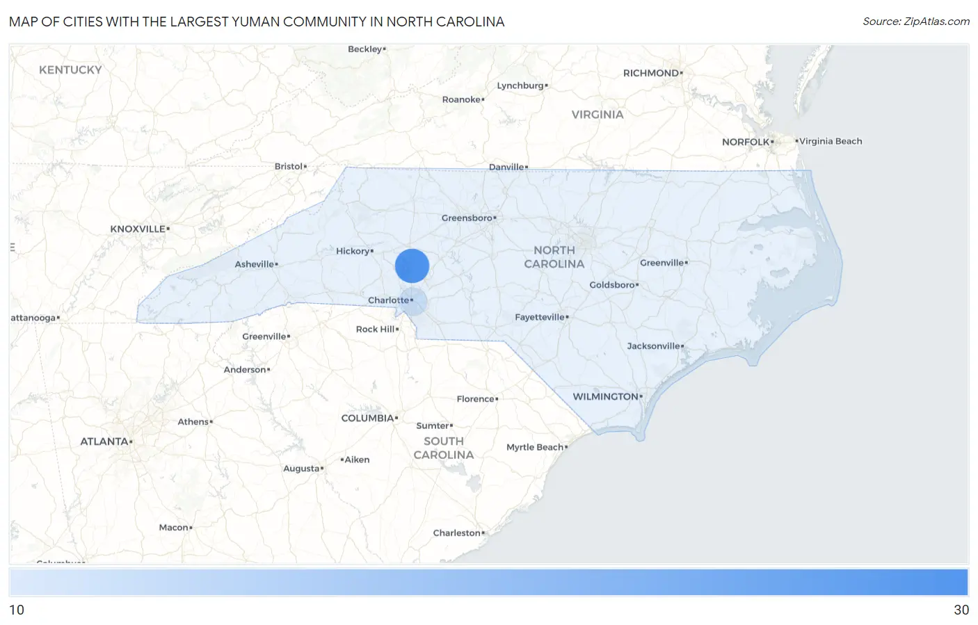Cities with the Largest Yuman Community in North Carolina Map