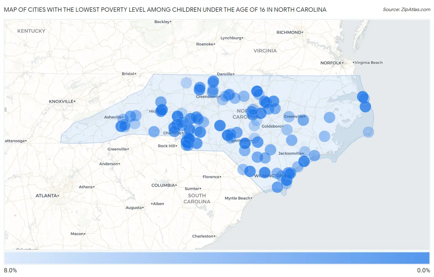 Cities with the Lowest Poverty Level Among Children Under the Age of 16 in North Carolina Map