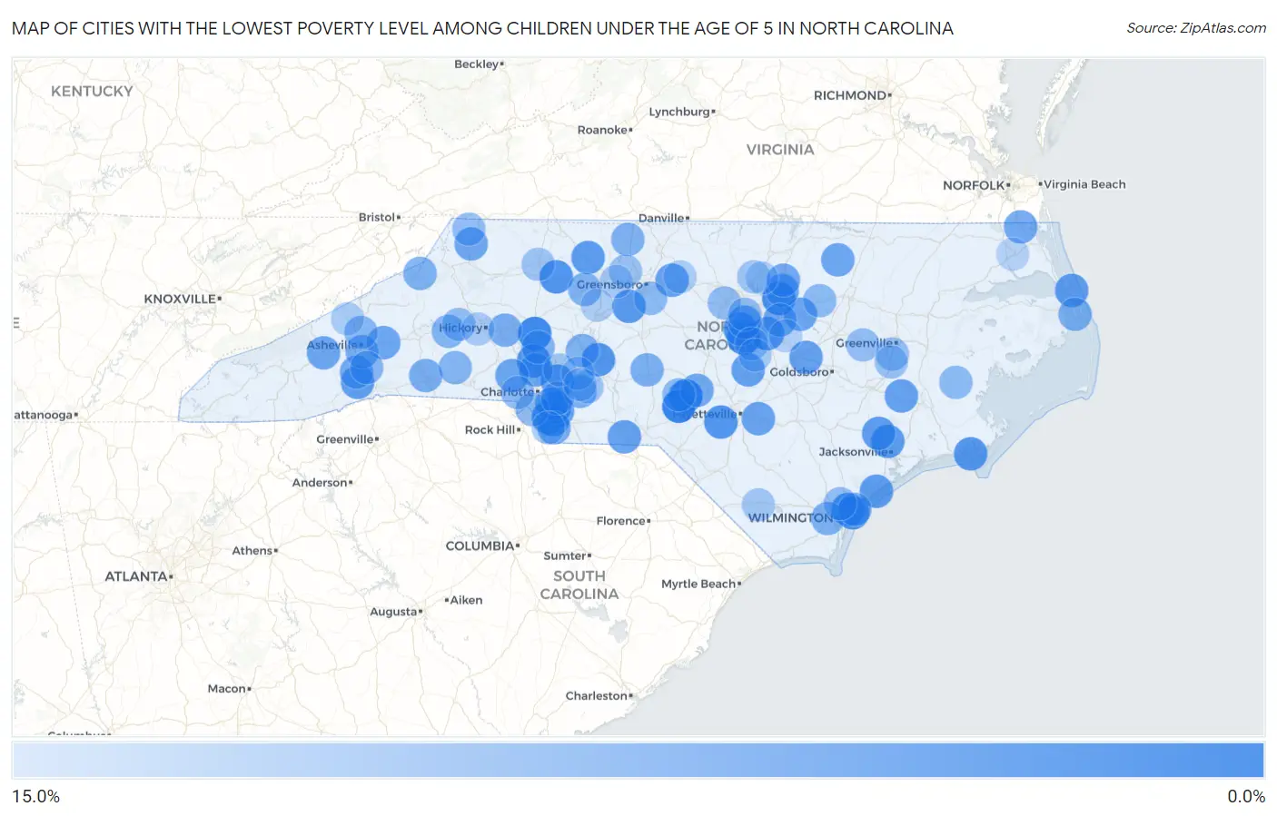 Cities with the Lowest Poverty Level Among Children Under the Age of 5 in North Carolina Map