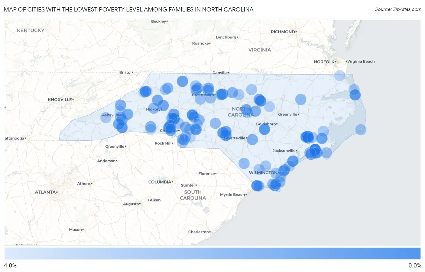 Cities with the Lowest Poverty Level Among Families in North Carolina Map