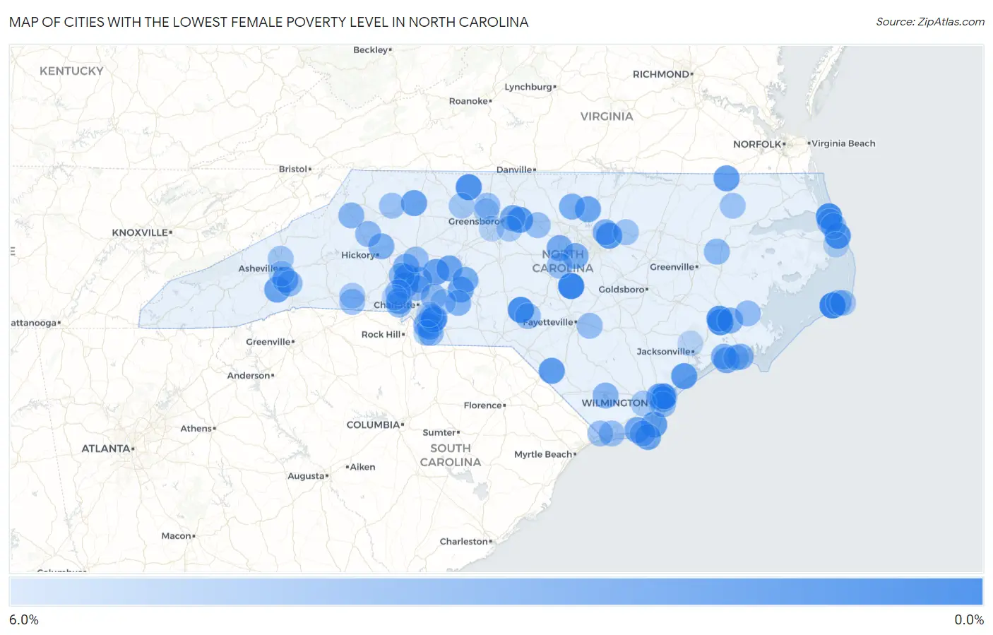 Cities with the Lowest Female Poverty Level in North Carolina Map