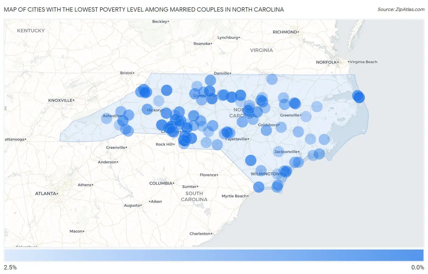Cities with the Lowest Poverty Level Among Married Couples in North Carolina Map