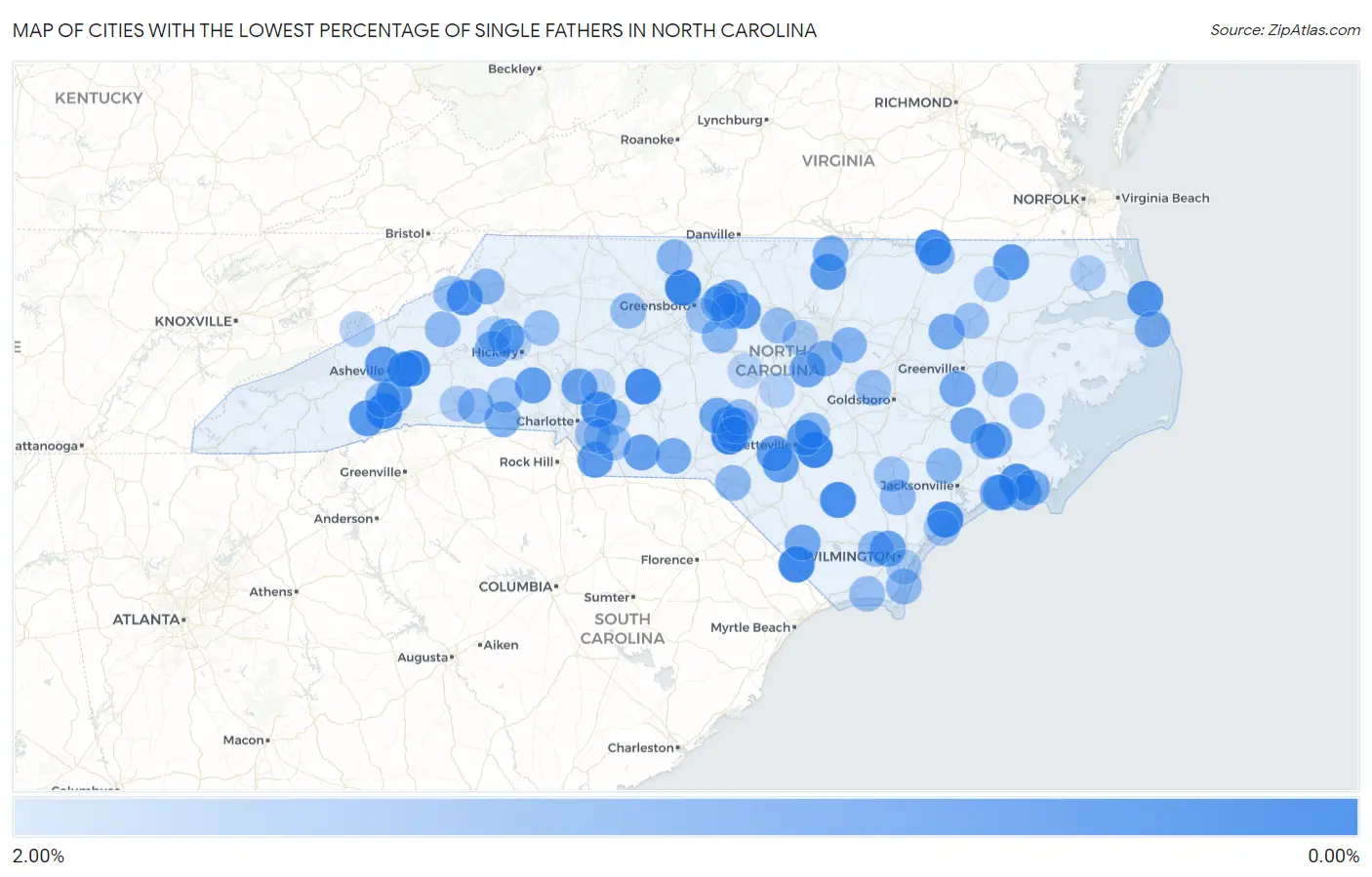 Cities with the Lowest Percentage of Single Fathers in North Carolina Map