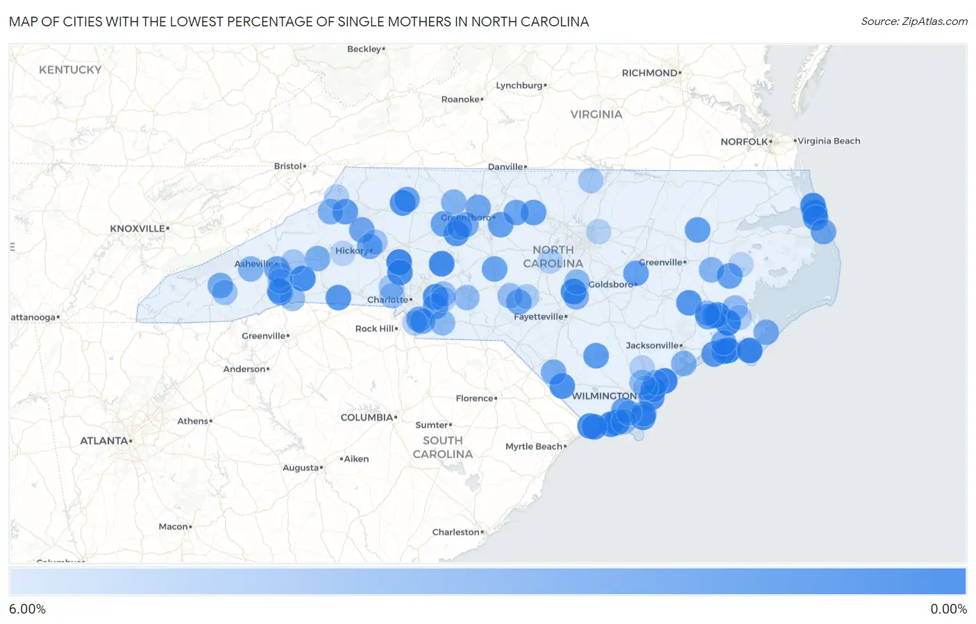 Cities with the Lowest Percentage of Single Mothers in North Carolina Map