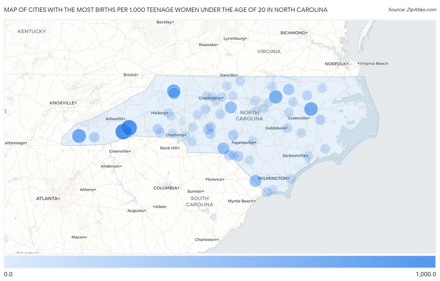 Cities with the Most Births per 1,000 Teenage Women Under the Age of 20 in North Carolina Map