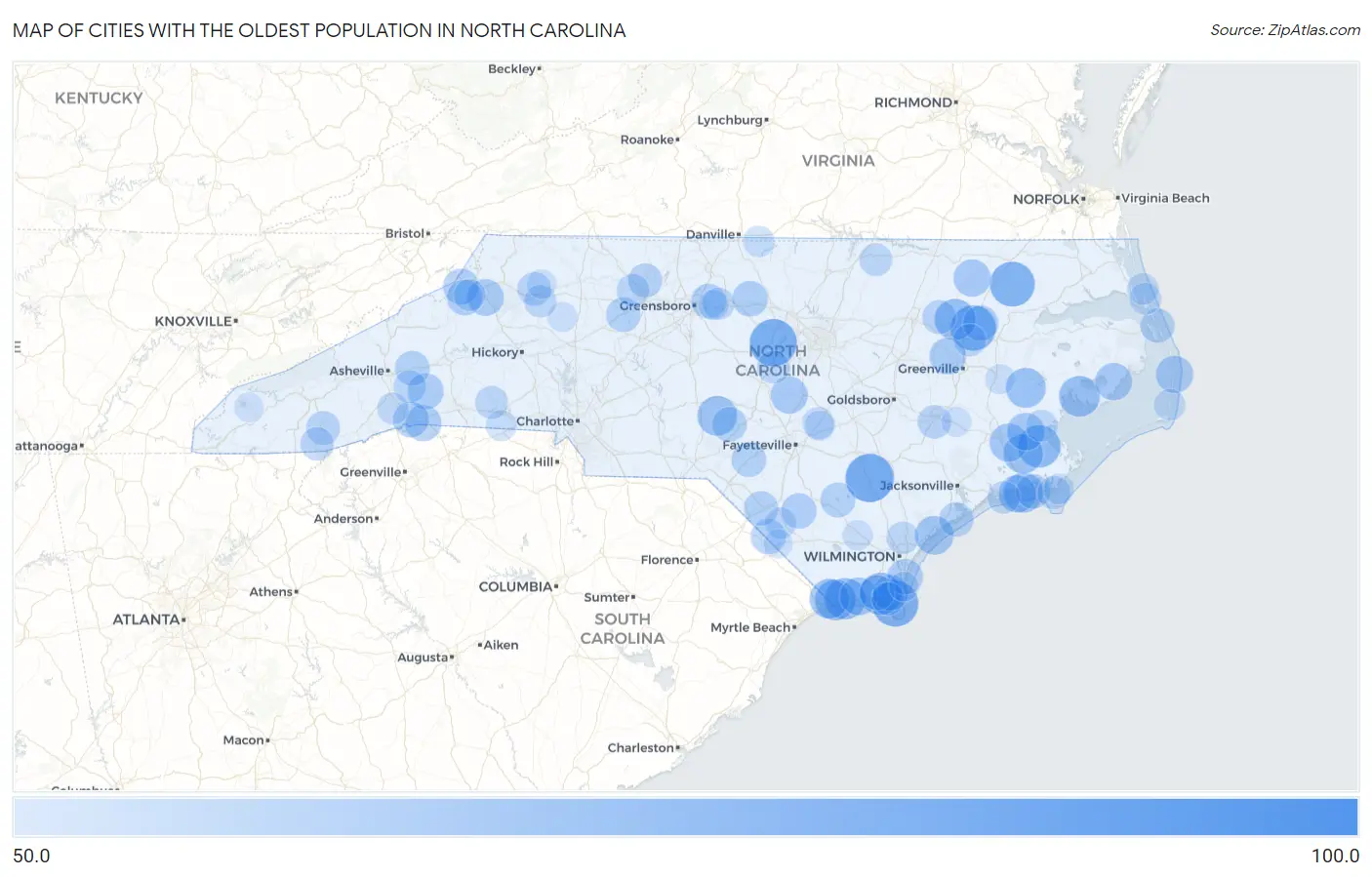 Cities with the Oldest Population in North Carolina Map