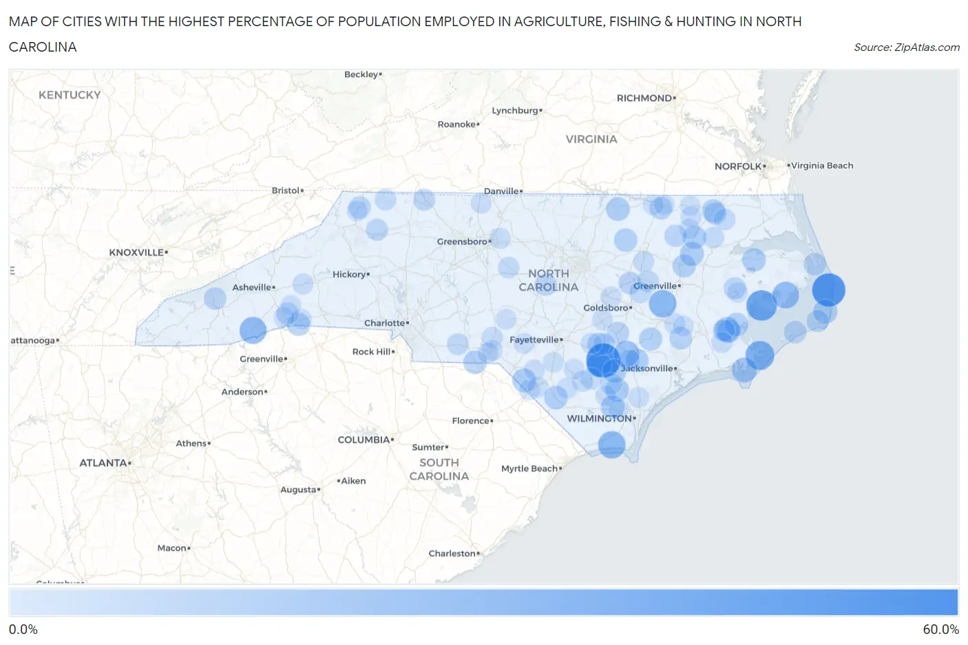 Cities with the Highest Percentage of Population Employed in Agriculture, Fishing & Hunting in North Carolina Map