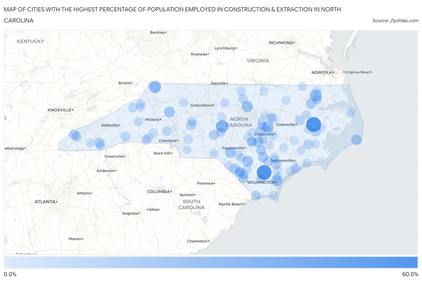 Cities with the Highest Percentage of Population Employed in Construction & Extraction in North Carolina Map