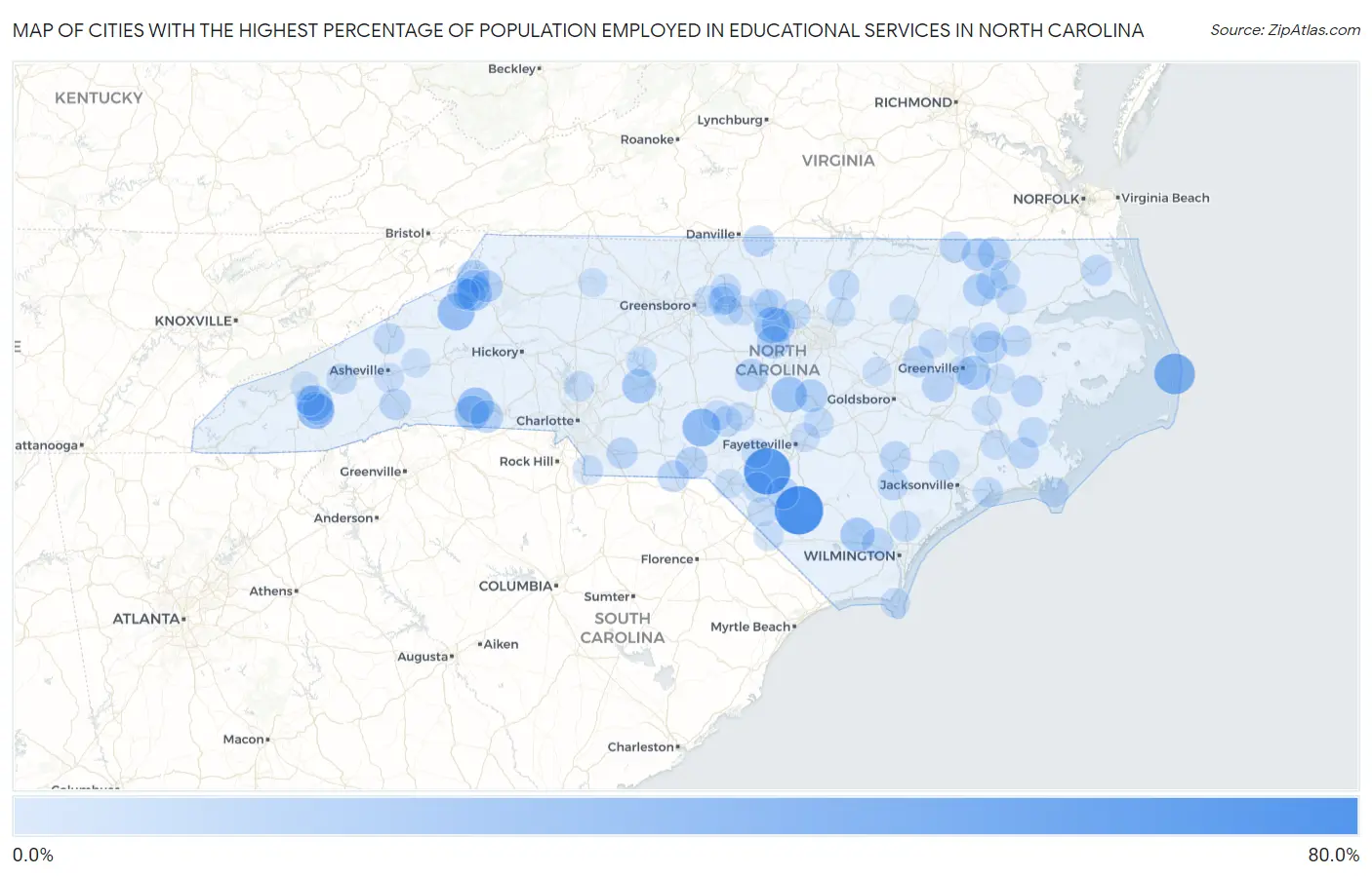 Cities with the Highest Percentage of Population Employed in Educational Services in North Carolina Map