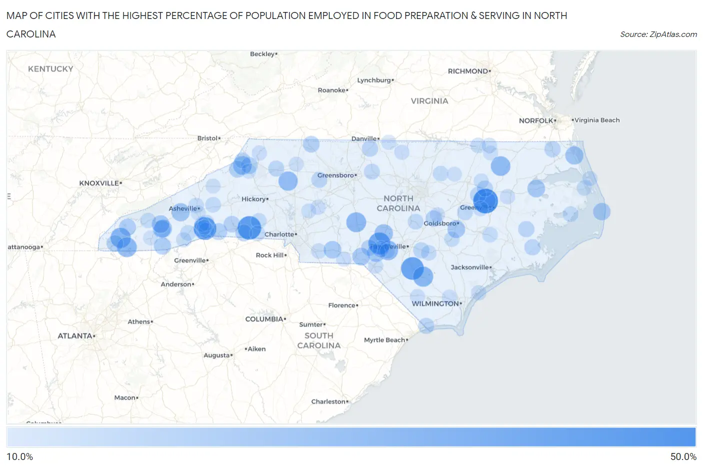 Cities with the Highest Percentage of Population Employed in Food Preparation & Serving in North Carolina Map