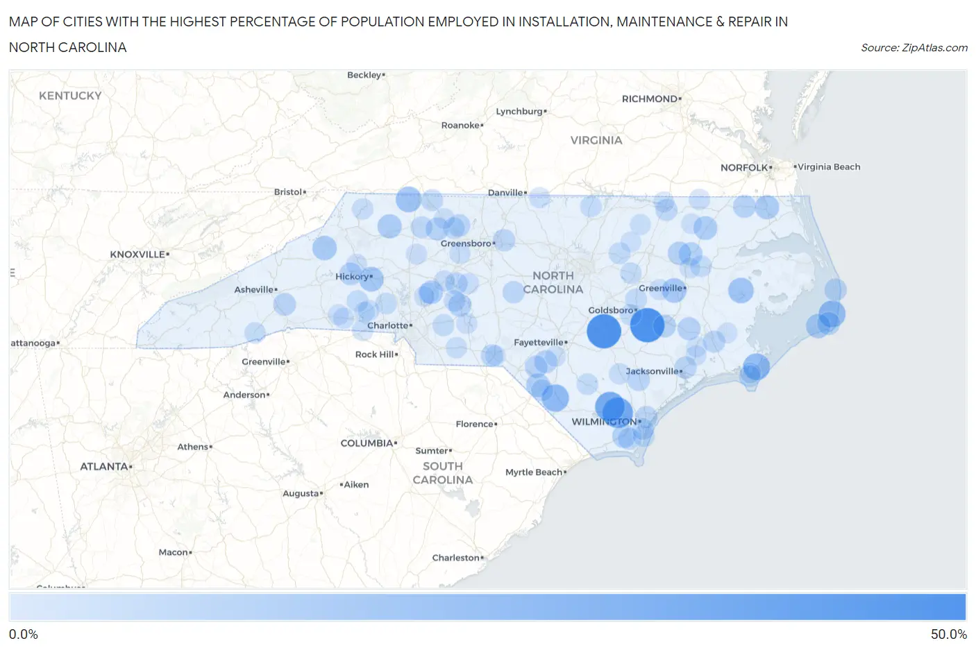 Cities with the Highest Percentage of Population Employed in Installation, Maintenance & Repair in North Carolina Map