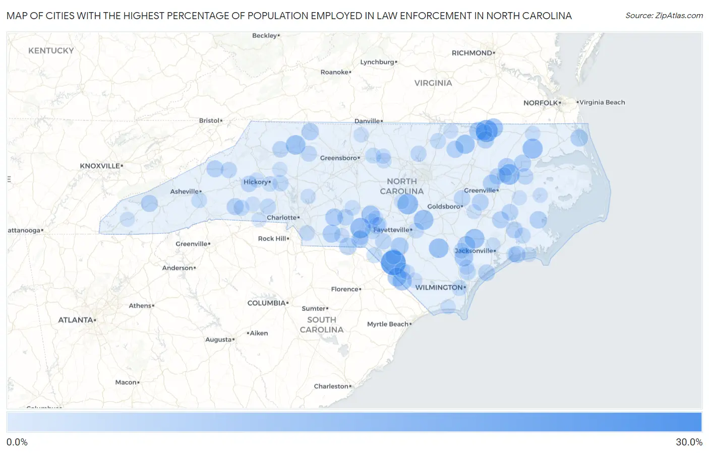 Cities with the Highest Percentage of Population Employed in Law Enforcement in North Carolina Map
