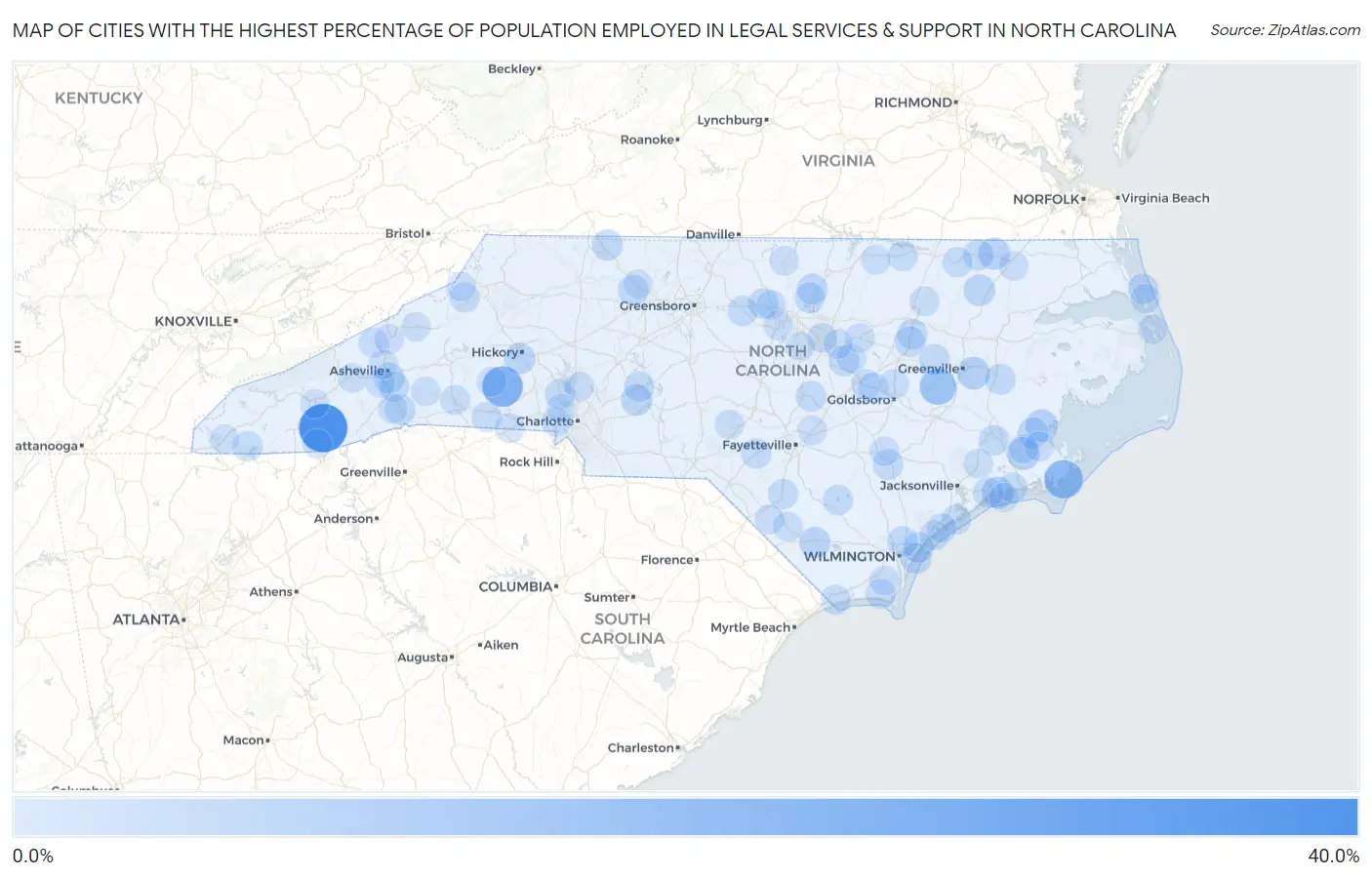 Cities with the Highest Percentage of Population Employed in Legal Services & Support in North Carolina Map