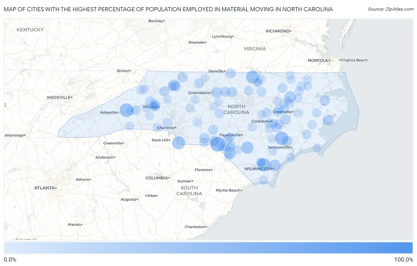 Cities with the Highest Percentage of Population Employed in Material Moving in North Carolina Map