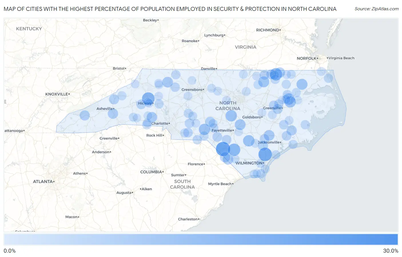 Cities with the Highest Percentage of Population Employed in Security & Protection in North Carolina Map