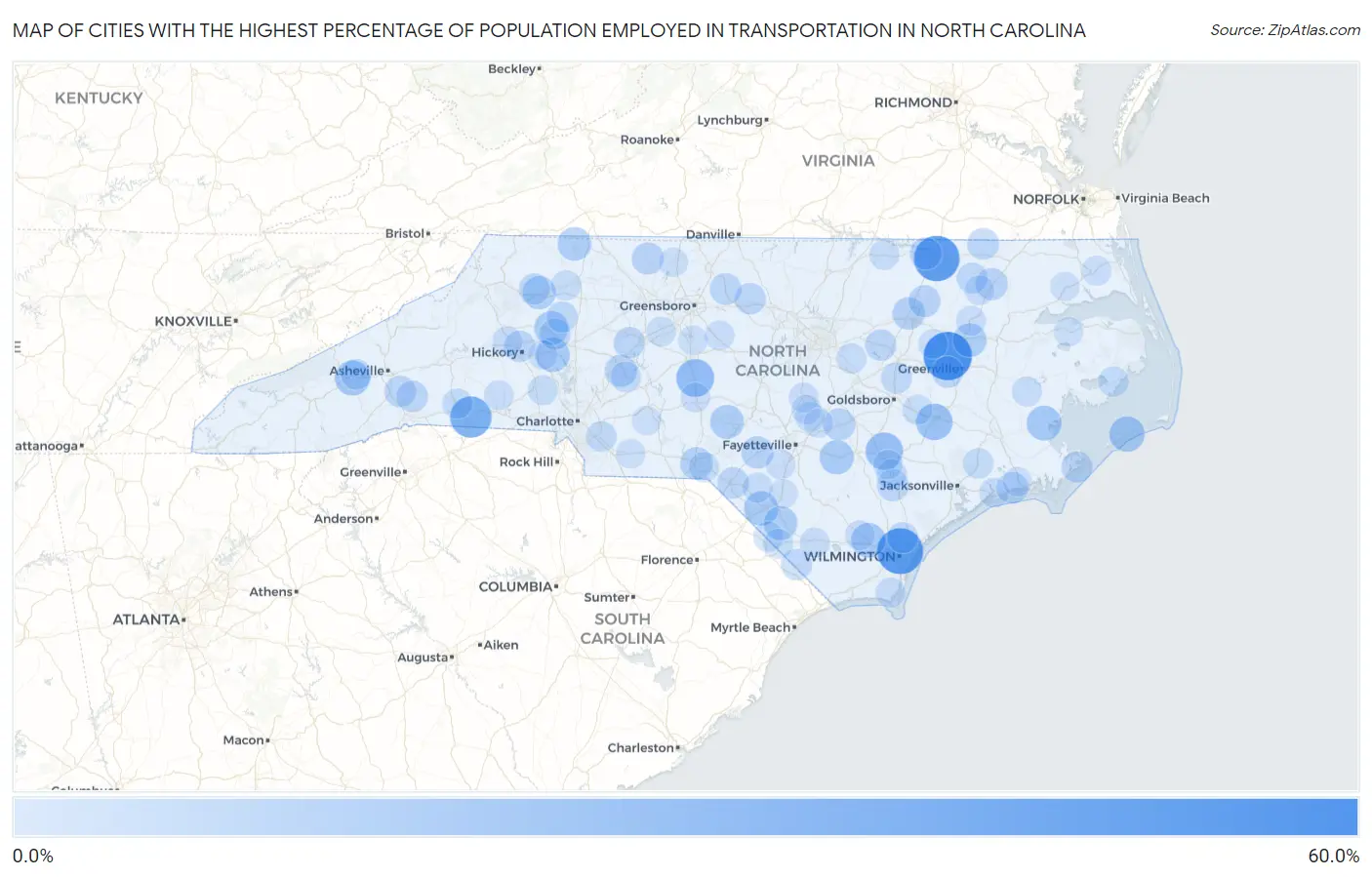 Cities with the Highest Percentage of Population Employed in Transportation in North Carolina Map